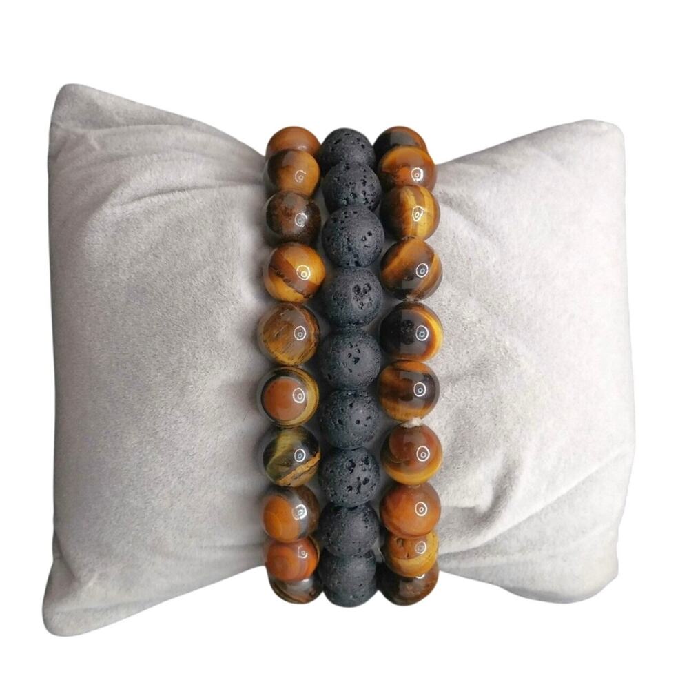Mens 3 Piece Bracelet Stack Tiger Eye and Black Lava Stone Beaded Diffuser Set